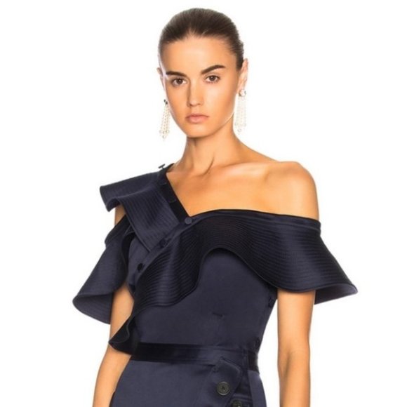 Self-Portrait Tops - Self-Portrait royal blue off shoulder ruffled blouse in duchess satin size 6